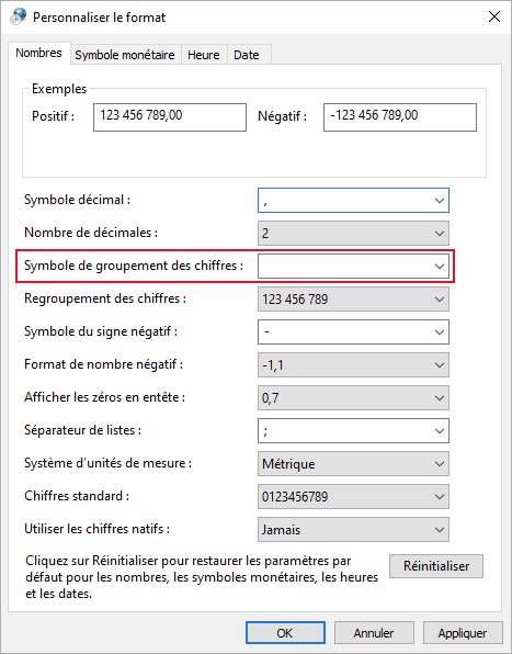 La boîte de dialogue Personnaliser le format Windows 10